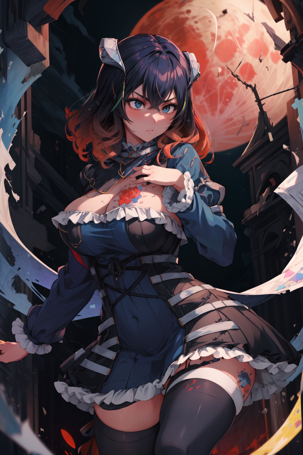 00615-848518616-masterpiece,best quality,1girl,miriam,large breasts,tattoo,blue dress,thighhighs,serious,night,full moon,red moon,_lora_miriam_1.png